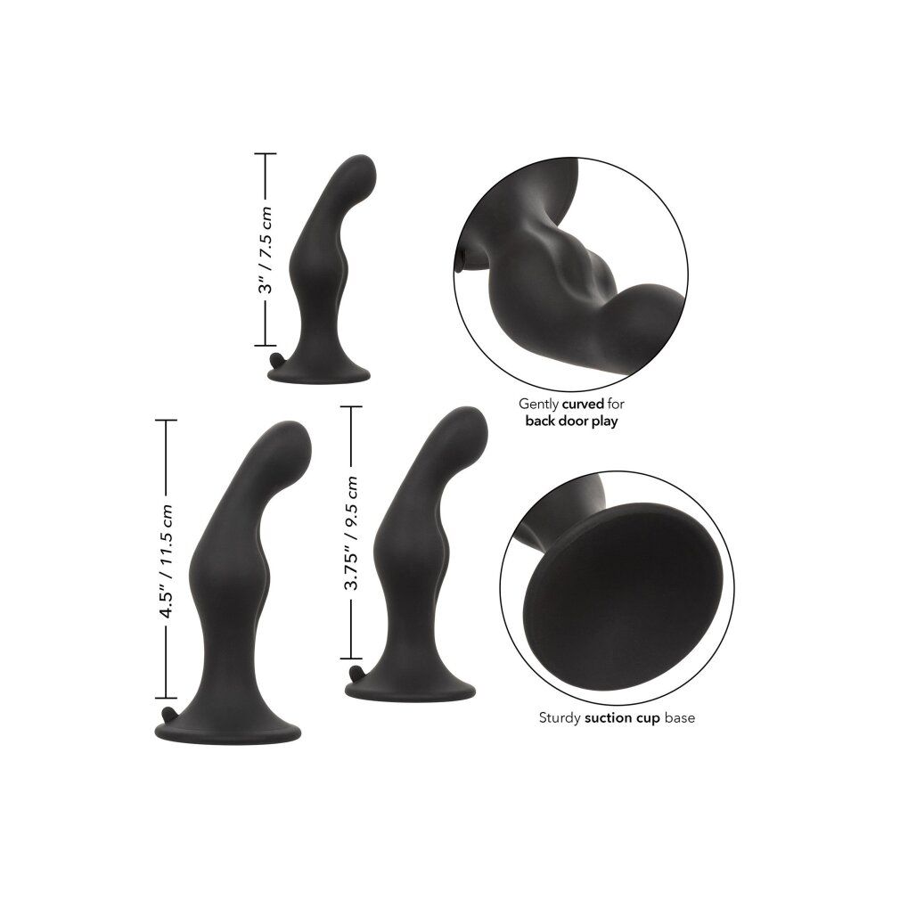 Drei schwarze Anal-Stöpsel mit Größenangaben. Detailansichten zeigen die Form und die Saugfußbasis.