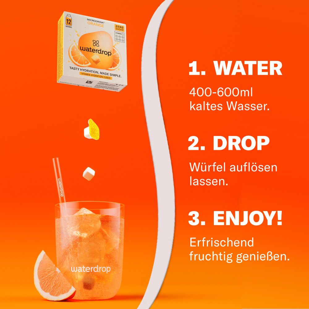 Anleitung: 1. Wasser. 2. Drop. 3. Enjoy! Glas mit Getränk und Orange. waterdrop® Würfel und Orange. Text: Erfrischend fruchtig genießen.