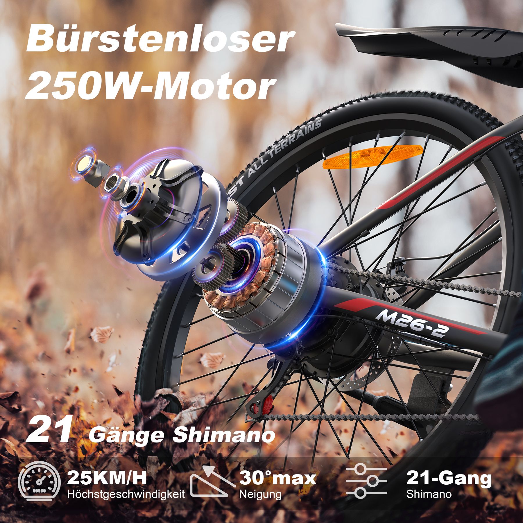 Nahaufnahme des Hinterrads. Bürstenloser 250W-Motor, 21-Gang Shimano. Schwarzer Reifen mit roter Linie.
