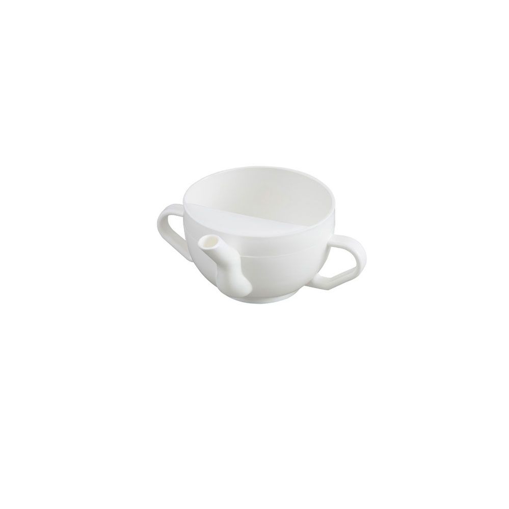 Weiße Schnabeltasse aus Kunststoff mit zwei Henkeln und einem Ausguss. Das Produkt ist auf weißem Hintergrund abgebildet.