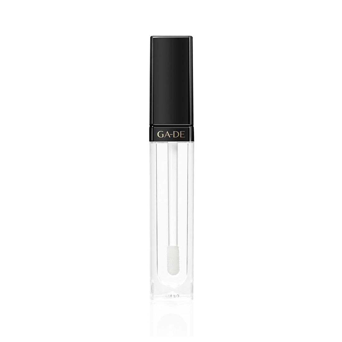 Ga-De Crystal Lights Lipgloss. Transparente Hülle mit schwarzem Deckel. Der Schriftzug "GA-DE" ist sichtbar. Applikator im Inneren.