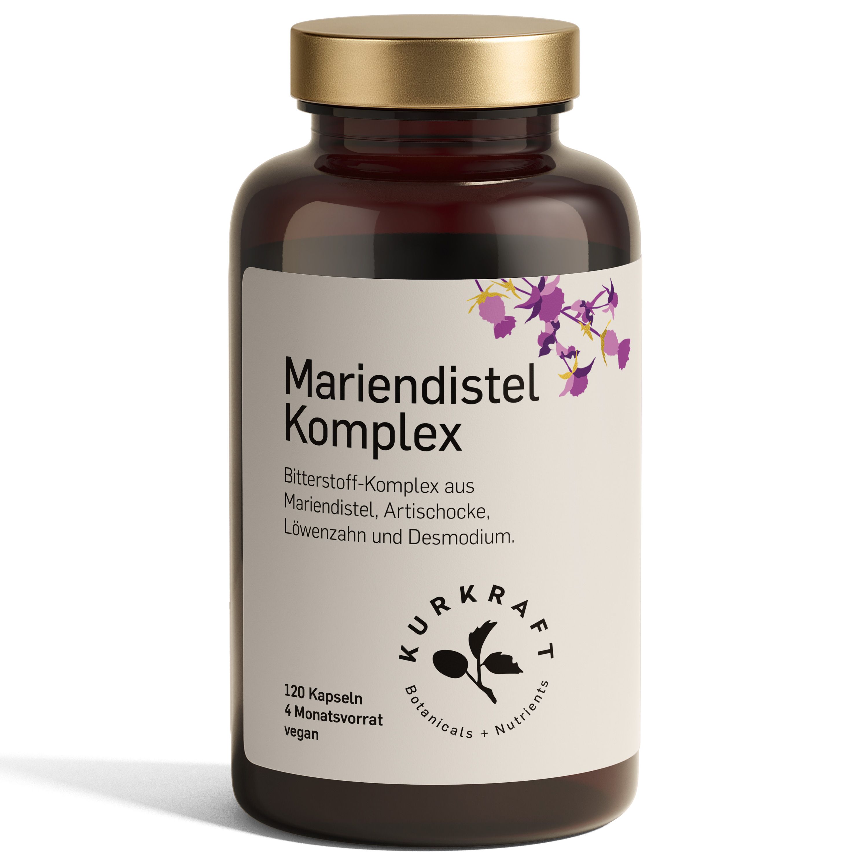 Braune Flasche mit Mariendistel Komplex Kapseln. 120 Kapseln, 4 Monatsvorrat, vegan. Goldener Deckel, weißes Etikett mit Text und Logo.