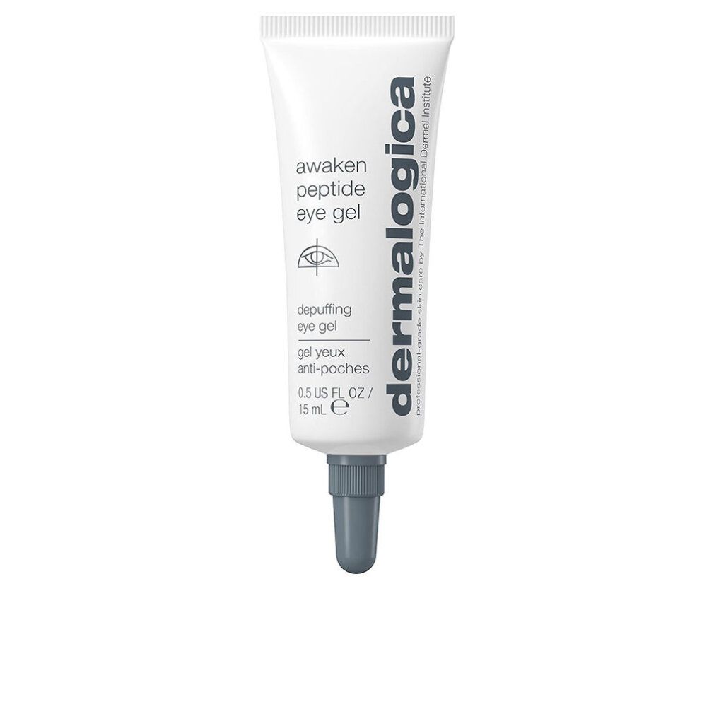 Weiße Tube mit grauem Verschluss. Aufschrift: awaken peptide eye gel, depuffing eye gel, Dermalogica. 15 ml.