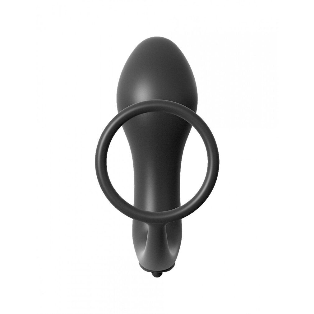 Schwarzer Analplug mit Ring. Silikon, mit abgerundeter Spitze und Ring. Vibrationsfunktion.