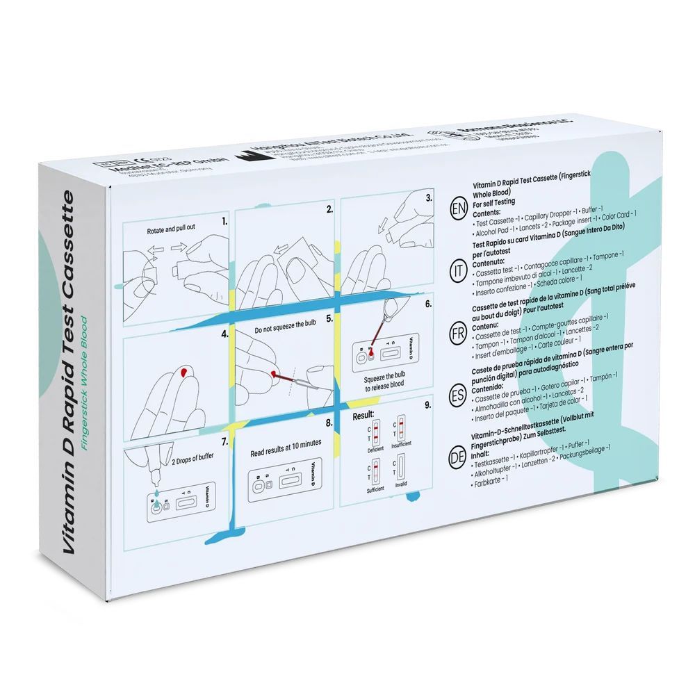 Verpackung eines Vitamin-D-Schnelltests mit Anwendungsanleitung und mehrsprachigen Informationen.