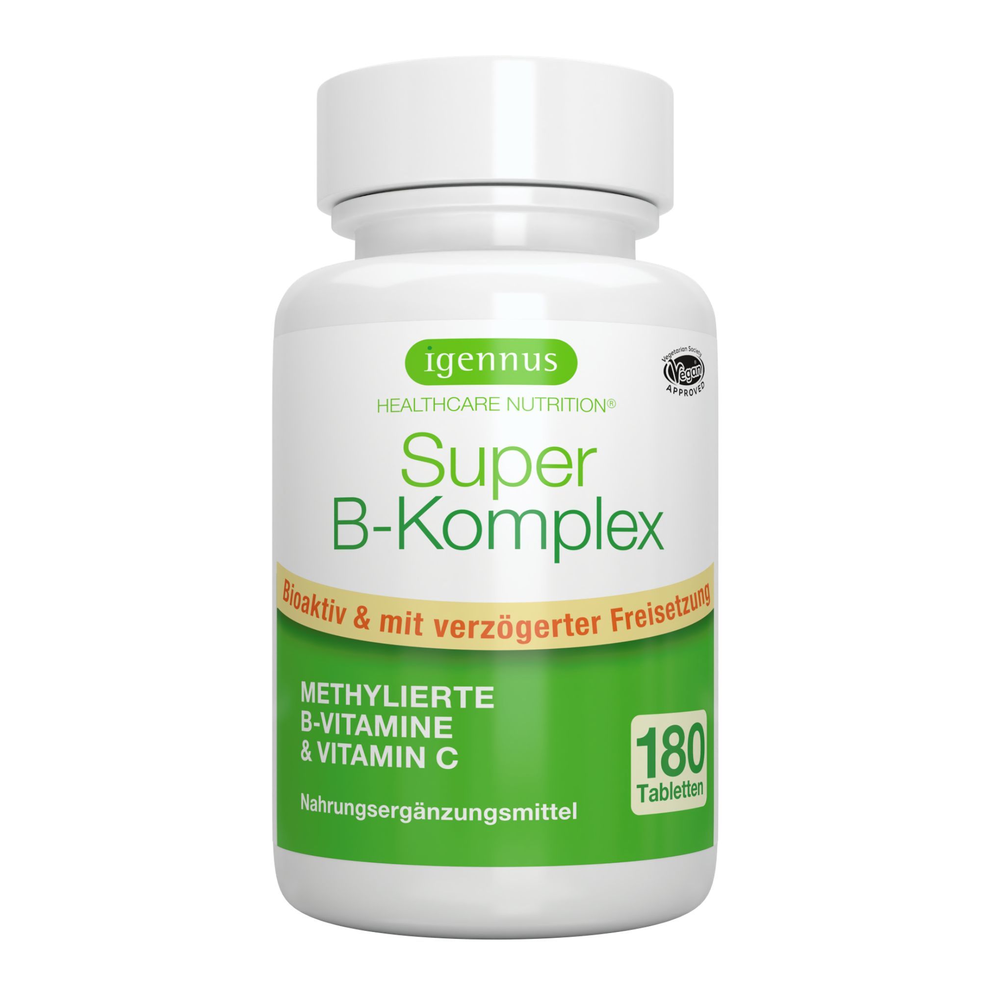 Flasche Igennus Super B-Komplex mit 180 Tabletten, mit dem Logo 'Igennus Healthcare Nutrition'.