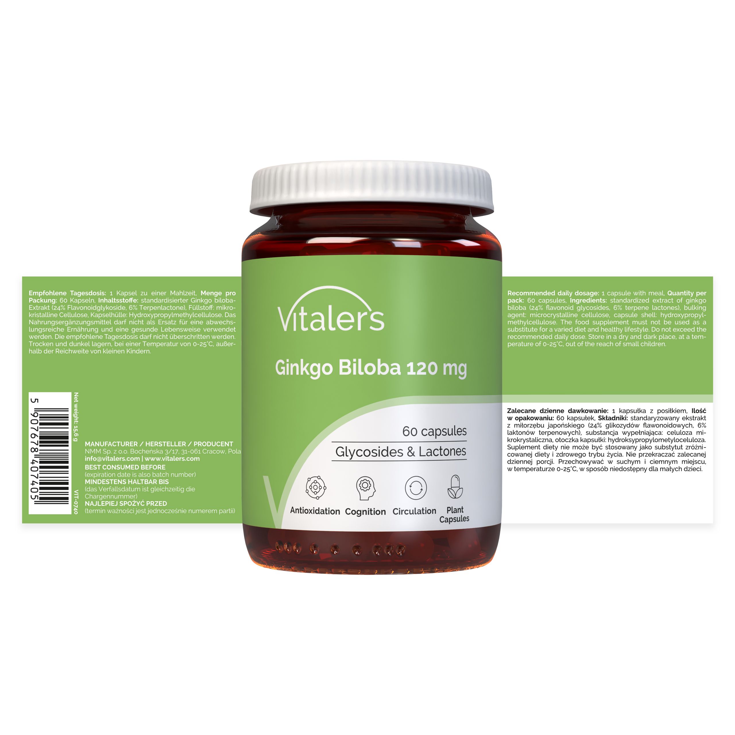 Vitaler's Ginkgo Biloba 120 mg Verpackung. Enthält 60 Kapseln.
