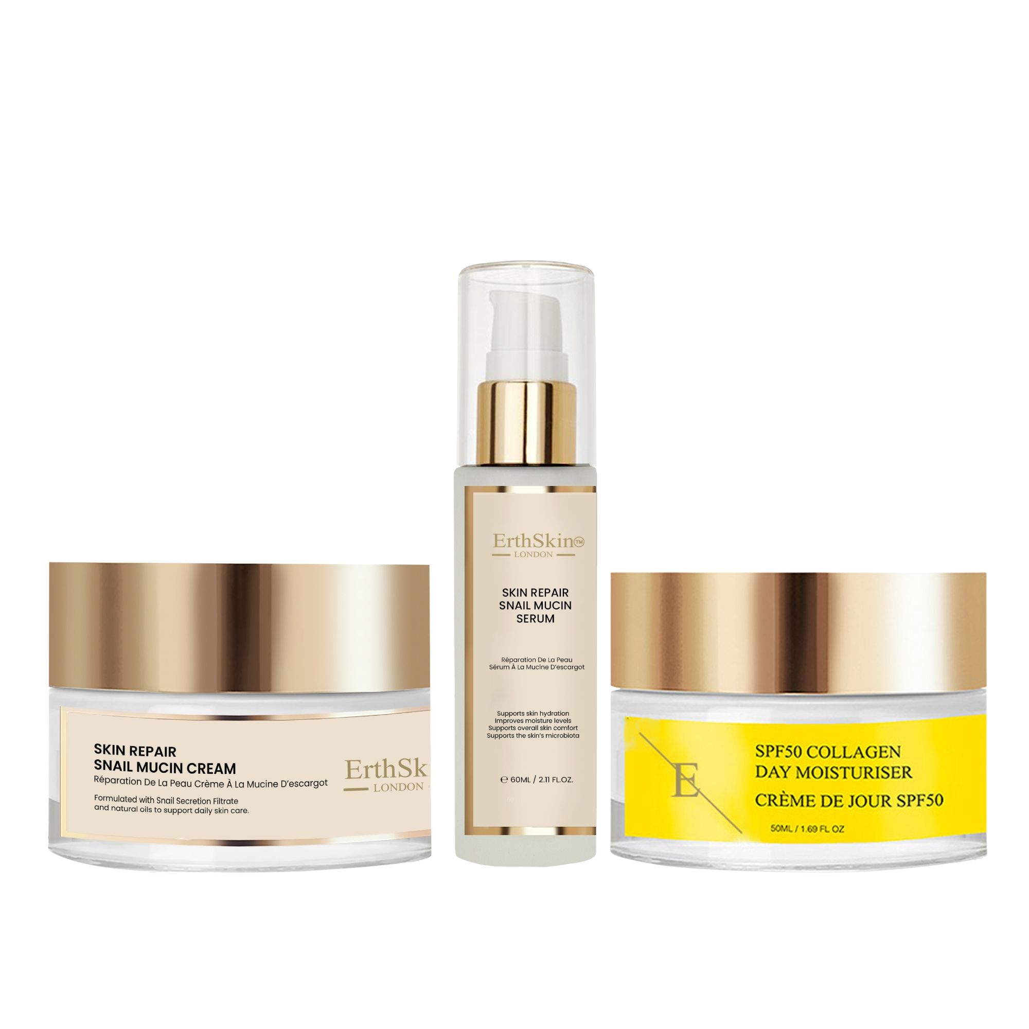 Drei ErthSkin London Hautpflegeprodukte: Schneckencreme, Schneckenserum und Tagescreme mit LSF 50.