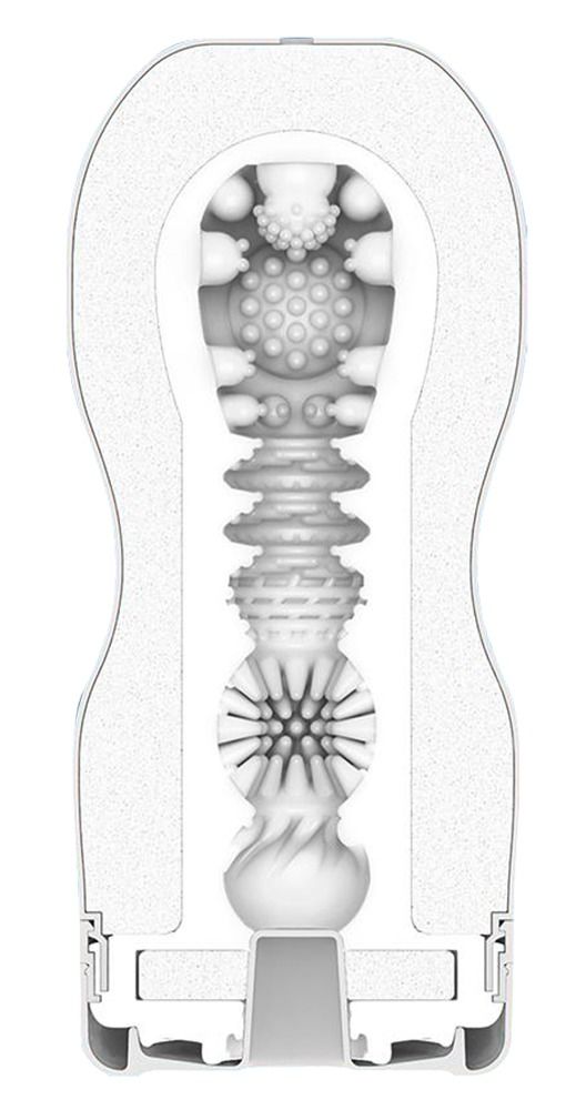 Querschnitt durch ein weißes Produkt. Innenstrukturen mit verschiedenen Texturen und Formen. Gehäuse mit Details.