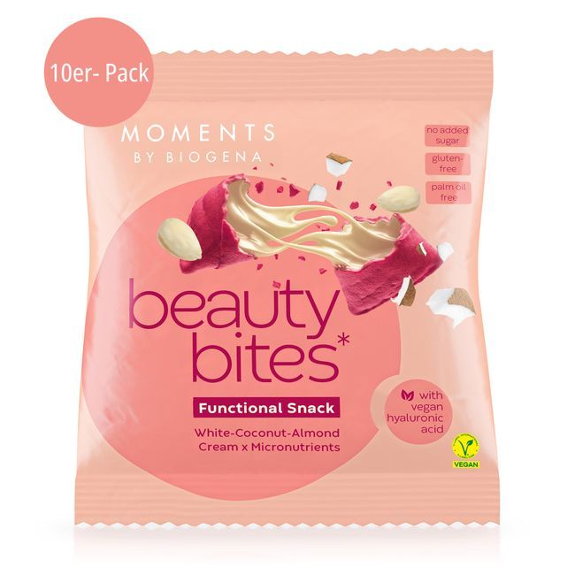 Rosa Verpackung mit "Moments by BIOGENA beauty bites". Geöffnete Süßigkeit mit weißer Creme. Aufschrift: "Functional Snack". Vegan-Siegel.