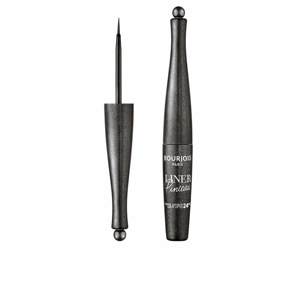 Schwarzer Eyeliner mit Pinselapplikator. Flasche mit Kugelverschluss. Aufschrift: Bourjois Liner Pinceau.