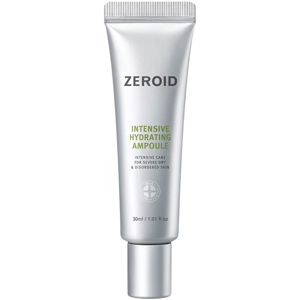 Silberne Tube mit grünem und schwarzem Text. "ZEROID" und "Intensive Hydrating Ampoule" sind sichtbar. 30ml/1.01 fl oz.