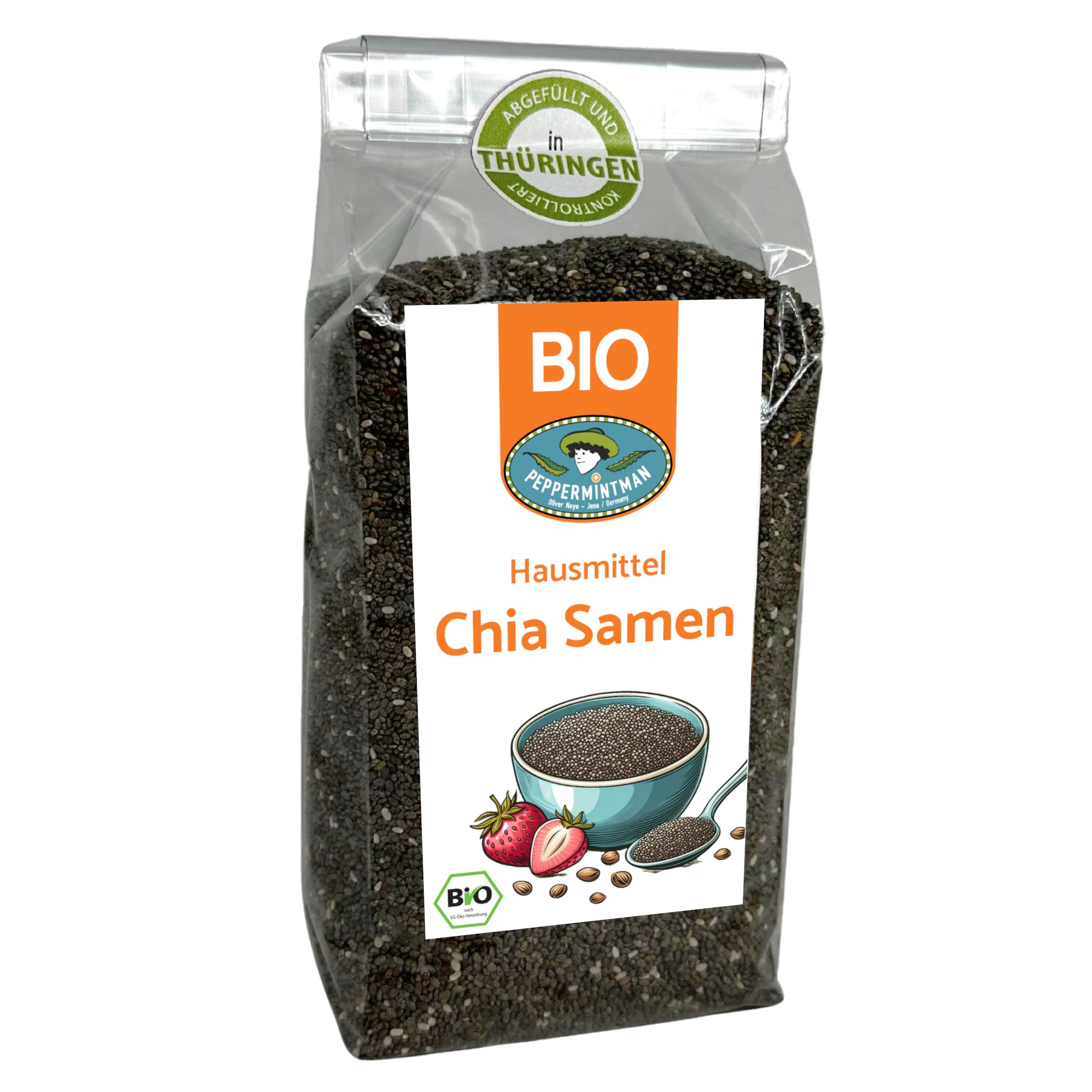 Klare Verpackung mit PEPPERMINTMAN Chiasamen, Bio. Etikett mit 'BIO' und Produktname. Erdbeeren und Schüssel mit Samen abgebildet.