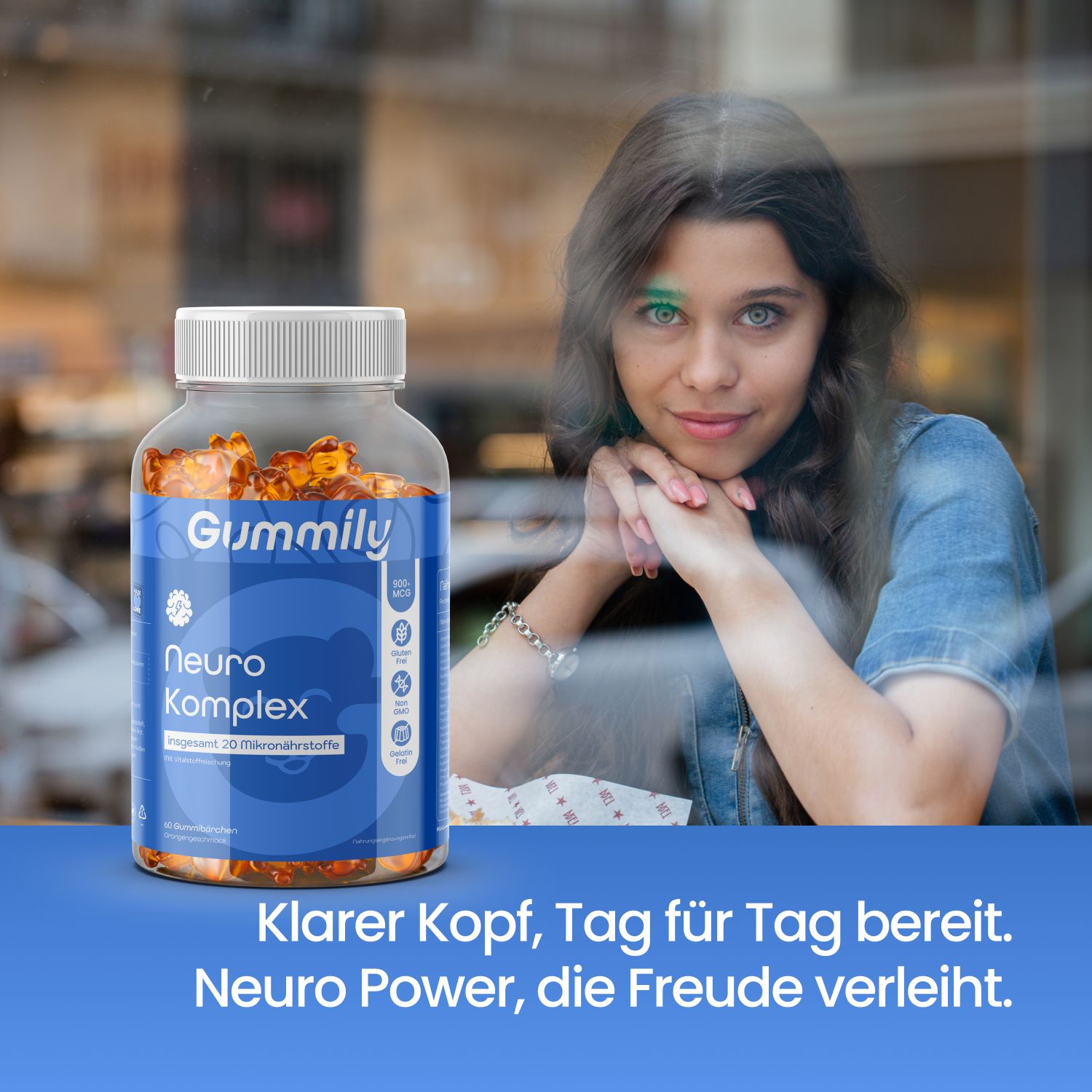 Gummily® Neuro Komplex Gummibärchen-Flasche vor Frau. Text: Klarer Kopf, Tag für Tag bereit. Neuro Power, die Freude verleiht.