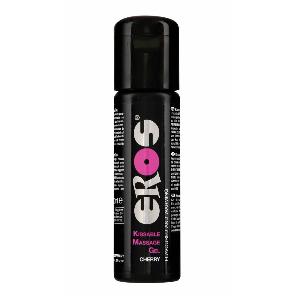 Schwarze Flasche mit schwarzem Deckel. Aufschrift: EROS, Kissable Massage Gel, Cherry.
