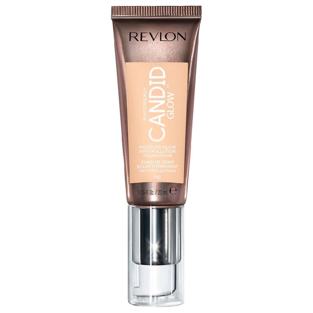 Revlon PhotoReady Candid Glow Foundation. Beige Tube. Text: CANDID GLOW, Anti-Verschmutzung. Pumpverschluss.