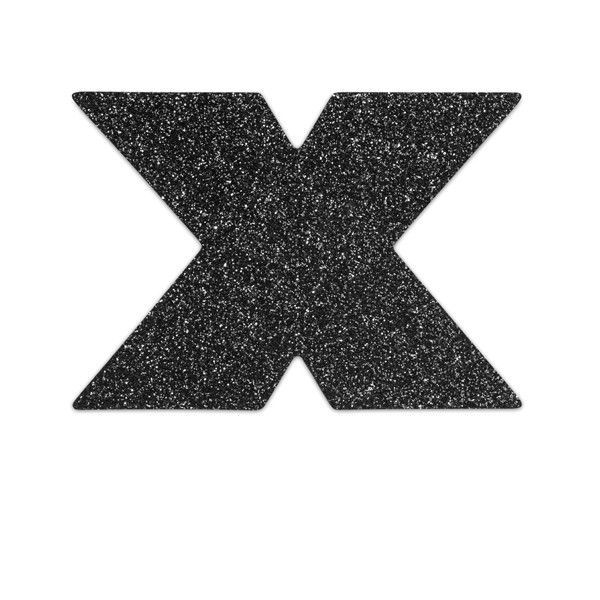 Schwarzes, X-förmiges Nippel-Cover mit glitzernder Oberfläche. Auf weißem Hintergrund.