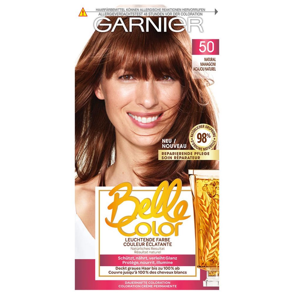 Verpackung von Garnier Belle Color. Frau mit braunen Haaren. Aufschrift 50 Natural Terracotta. Aufschrift Belle Color.
