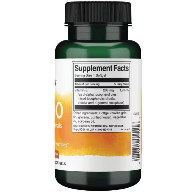 Rückseite der grünen Flasche. Aufschrift: Supplement Facts. Enthält Vitamin E, gemischte Tocopherole.