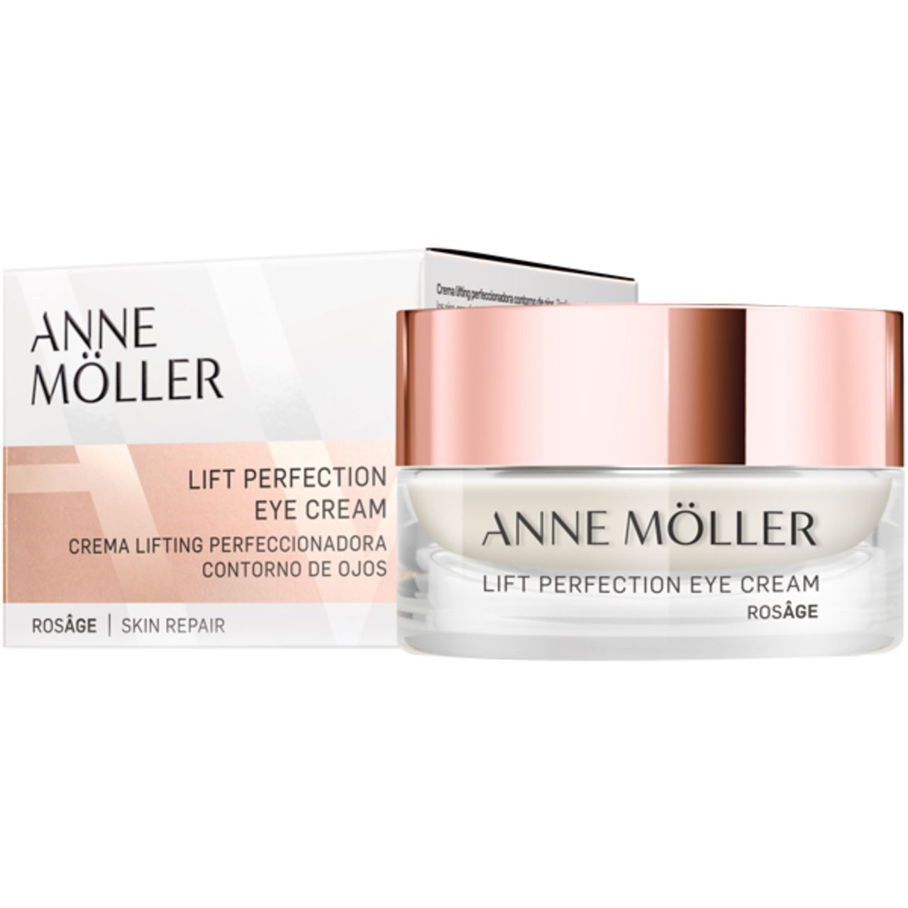 Cremebehälter und Verpackung. Aufschrift: ANNE MÖLLER, LIFT PERFECTION EYE CREAM. Verpackung: CREMA LIFTING PERFECCIONADORA.