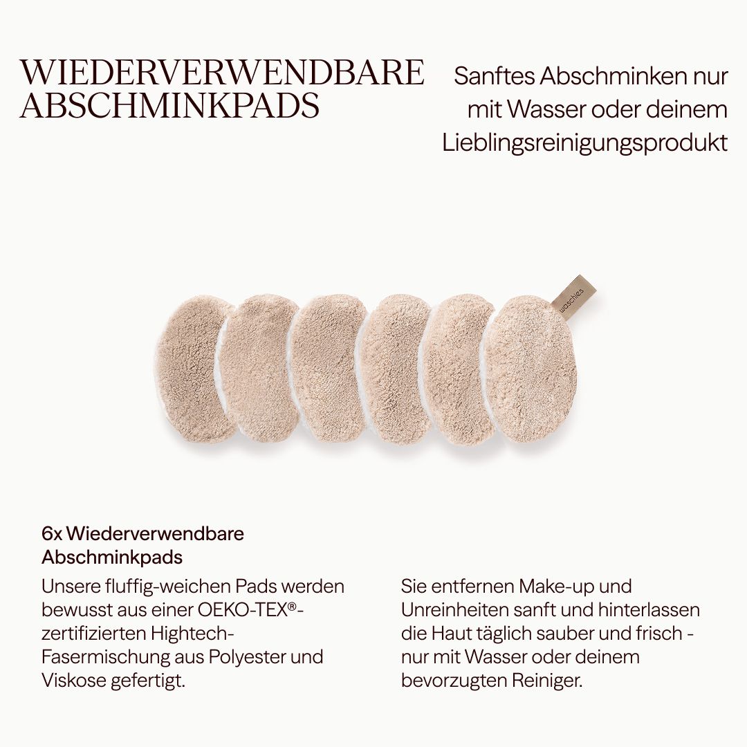 Sechs cremefarbene, wiederverwendbare Abschminkpads. Text: Wiederverwendbare Abschminkpads. Oeko-Tex zertifiziert. Entfernt Make-up.
