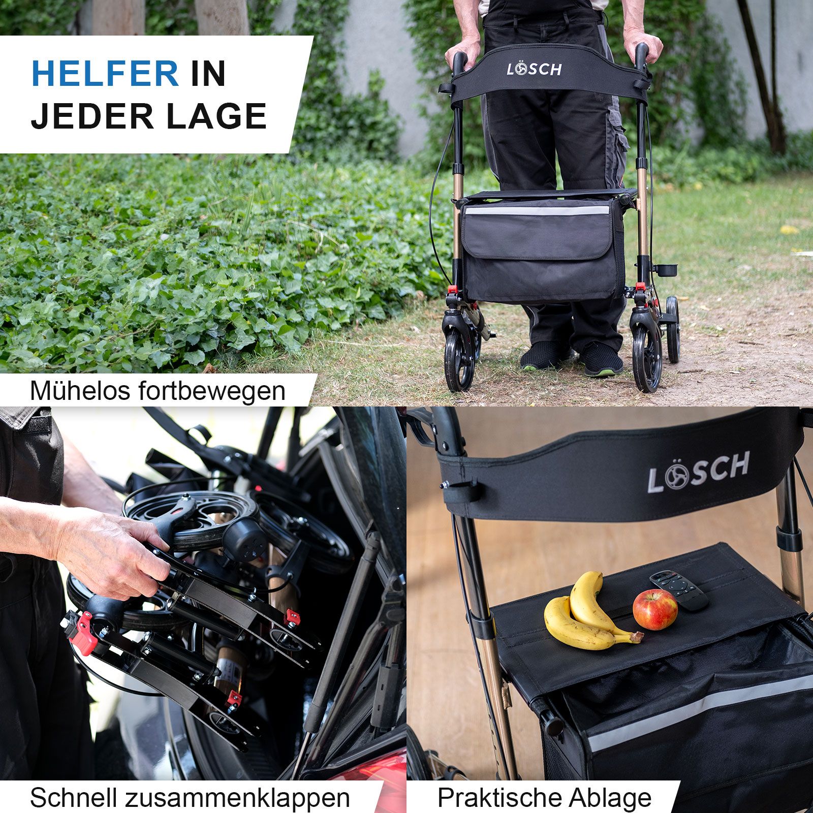 Rollator mit Text: „Helfer in jeder Lage“. Zusammengeklappt, in Benutzung, mit Obst auf Ablage.