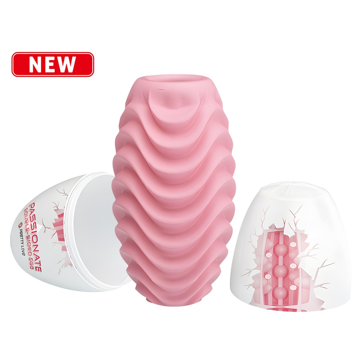 Rosa Masturbator-Ei mit gewellter Oberfläche, in Verpackung. Aufschrift: PASSIONATE DOUBLE-SIDED EGG.