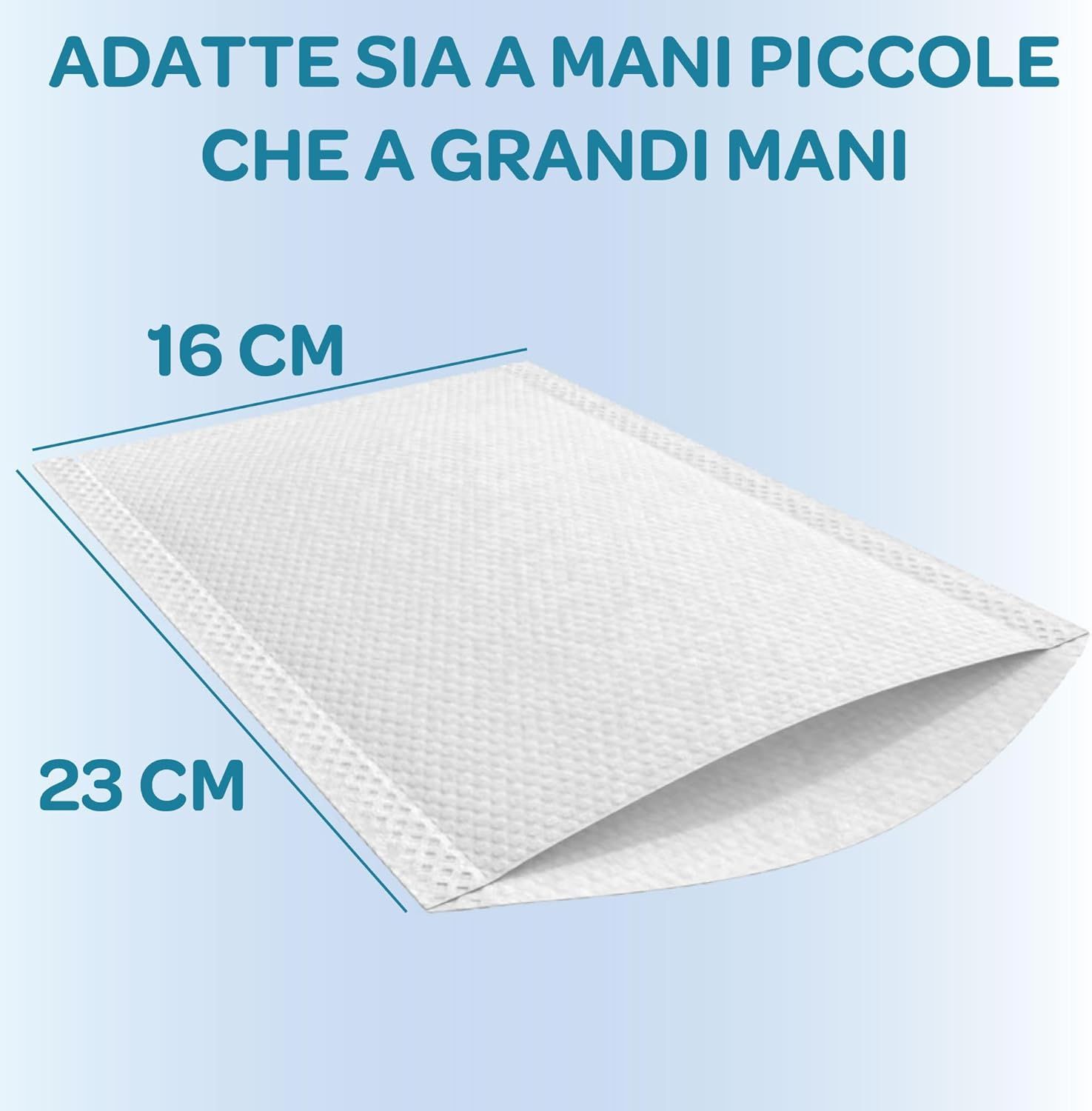 Waschhandschuh, weiß, 16x23 cm. Text: ADATTE SIA A MANI PICCOLE CHE A GRANDI MANI.