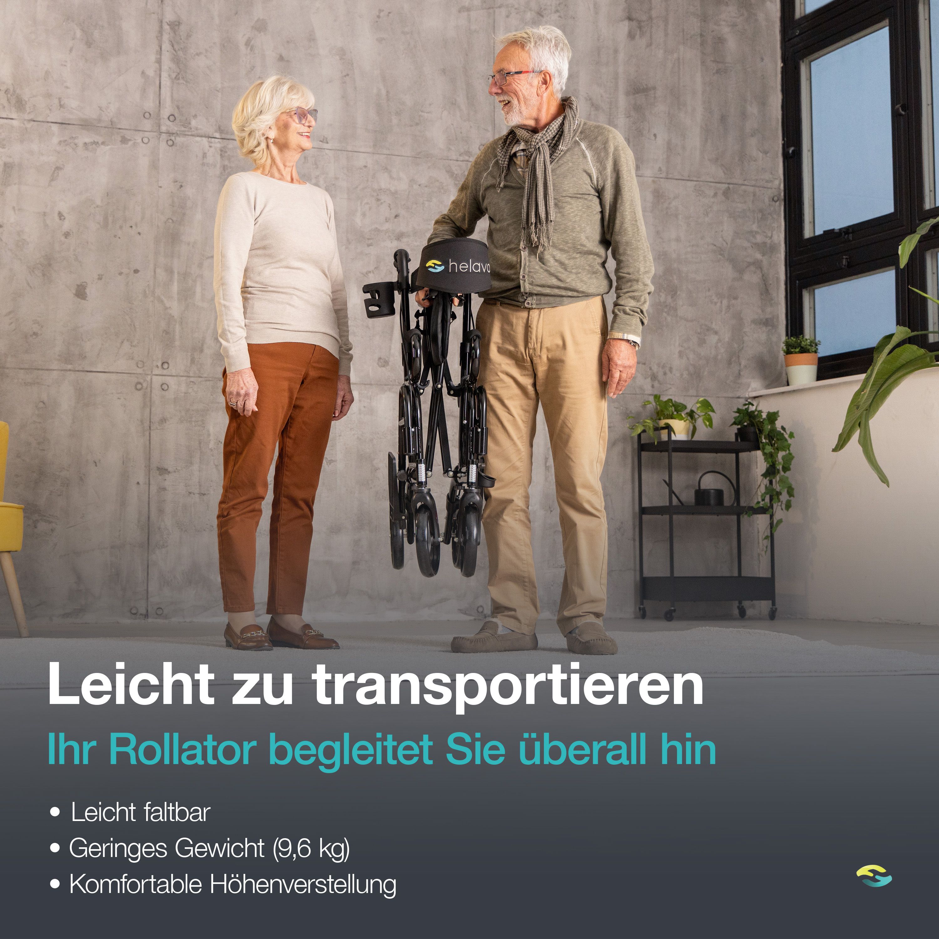Mann hält zusammengeklappten Rollator, Frau steht daneben. Text: Leicht zu transportieren. Geringes Gewicht (9,6 kg).