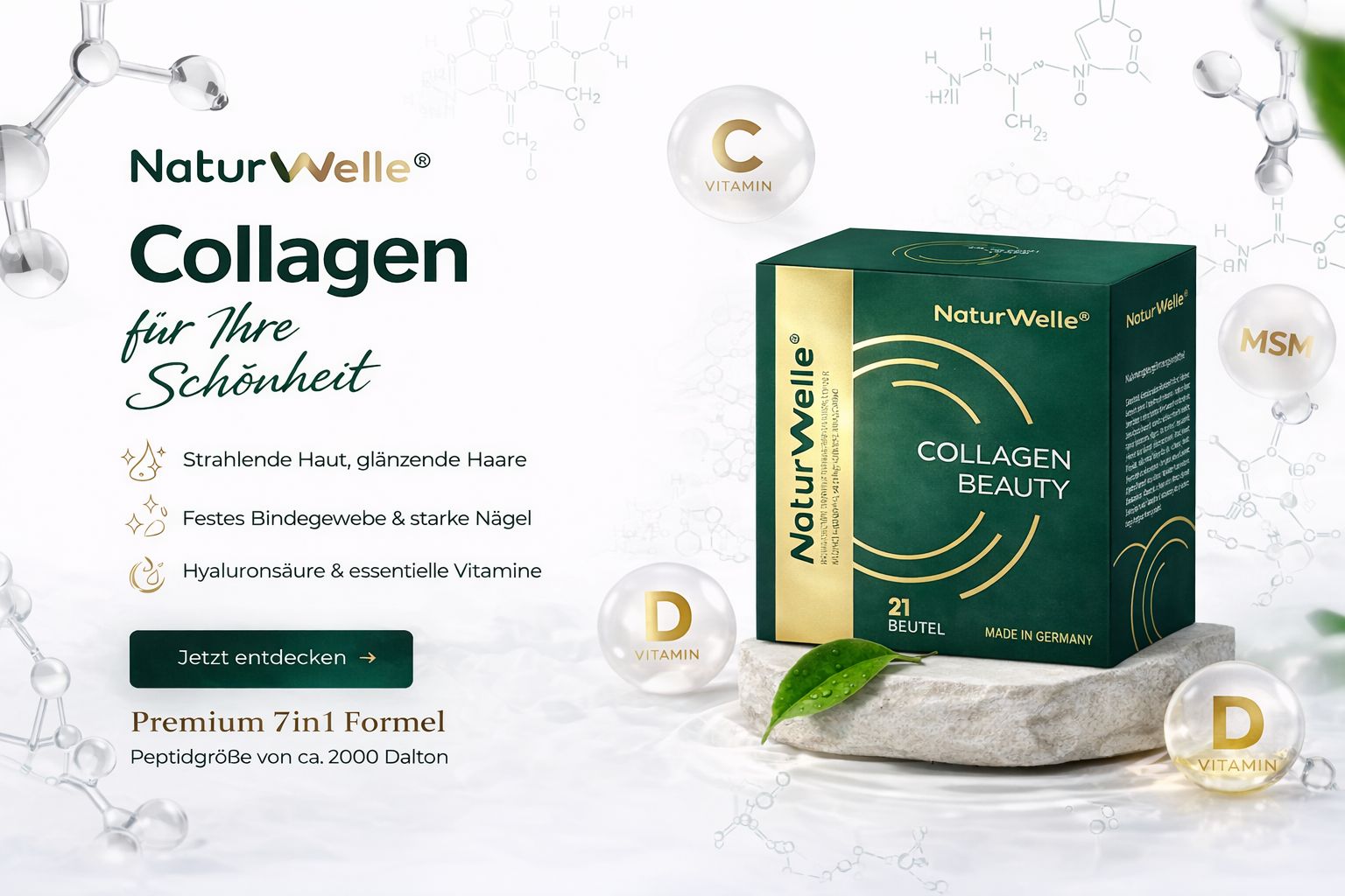 Werbebild mit Produkt. Grüne Schachtel, daneben Illustrationen von Vitaminen. Text: Kollagen für Ihre Schönheit.