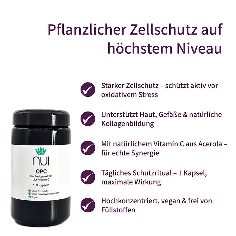 Schwarze Flasche mit weißem Etikett. Auf dem Etikett steht "NUI OPC Traubenkernextrakt plus Vitamin C". 180 Kapseln.