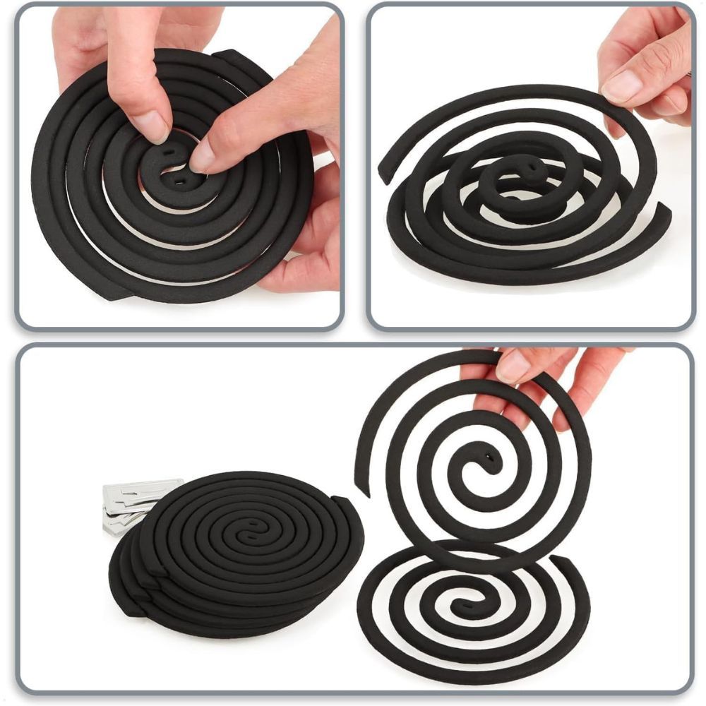 Drei Bilder zeigen schwarze Mückenspiralen. Eine Hand hält eine Spirale. Eine Spirale wird geteilt. Mehrere Spiralen liegen.
