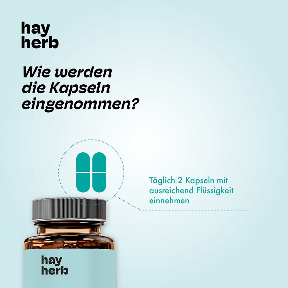 Braune Glasflasche mit Kapseln. Zwei grüne Kapseln. Text: Täglich 2 Kapseln einnehmen. Blauer Hintergrund.