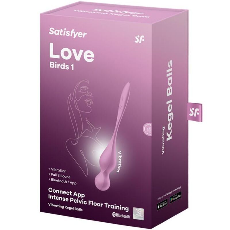 Produktverpackung. Aufschrift: Satisfyer Love Birds 1. Produktabbildung in Rosa. Merkmale: Vibration, Bluetooth/App, Vollsilikon.