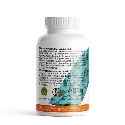 Rückseite einer weißen Flasche. Text in Deutsch und Englisch. Aufschrift: Magnesium L-Threonat. Vegan-Logo. 81g. Grüne Blätter.