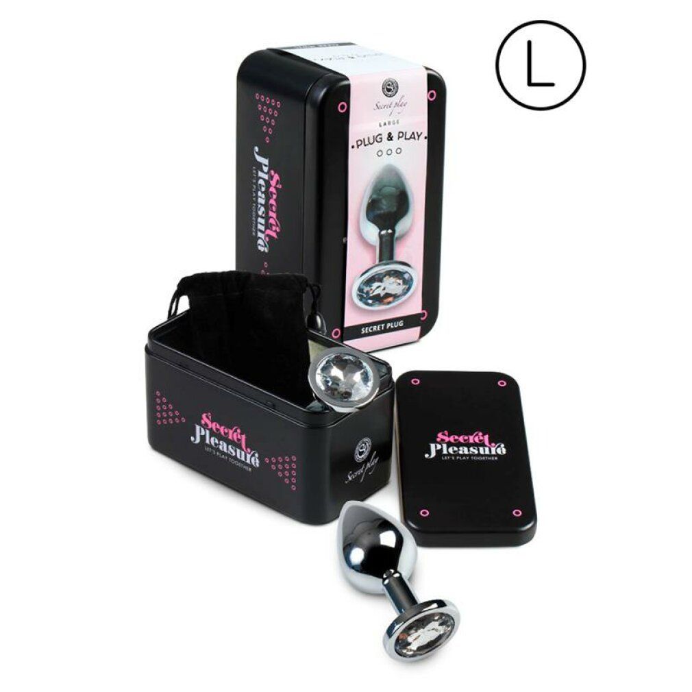 Produkt in schwarzer Dose. Analplug, Dose, Beutel. Aufschrift: Secret Pleasure, Plug & Play, Größe L.