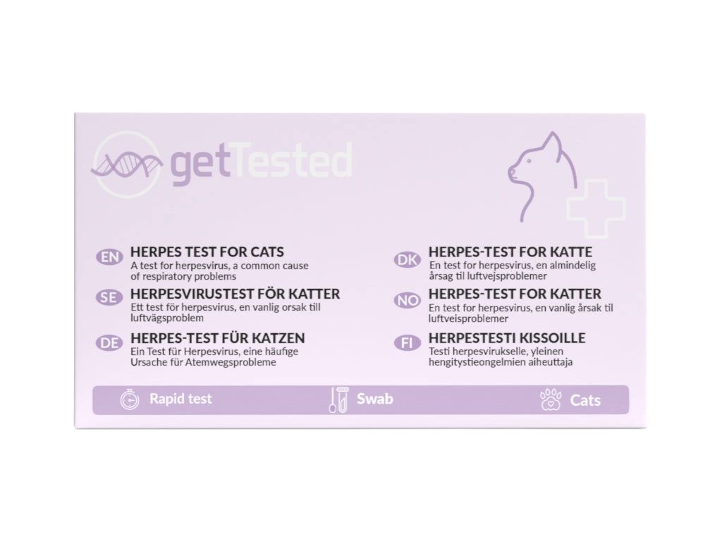 Verpackung mit Produktnamen und Logo. Enthält Text in verschiedenen Sprachen. Rapid-Test für Katzen.