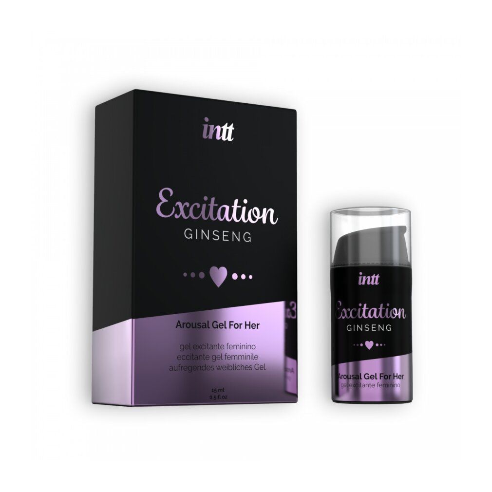 Schwarze Verpackung und Flasche. Aufschrift: Excitation Ginseng. Text: Arousal Gel For Her. 15 ml. Flasche mit Pumpe.
