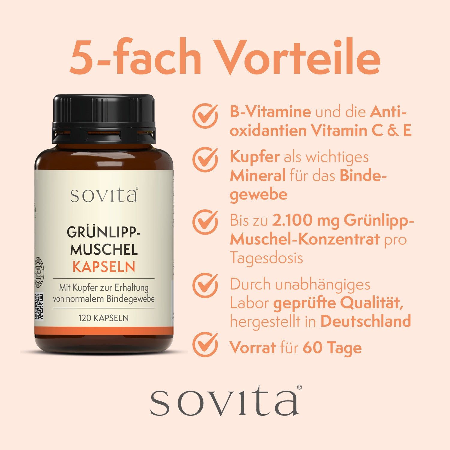 Braune Flasche mit schwarzen Deckel. Aufschrift: Grünlippmuschel Kapseln. 120 Kapseln. 5 Vorteile: Vitamine, Kupfer, Konzentrat, Qualität, Vorrat.