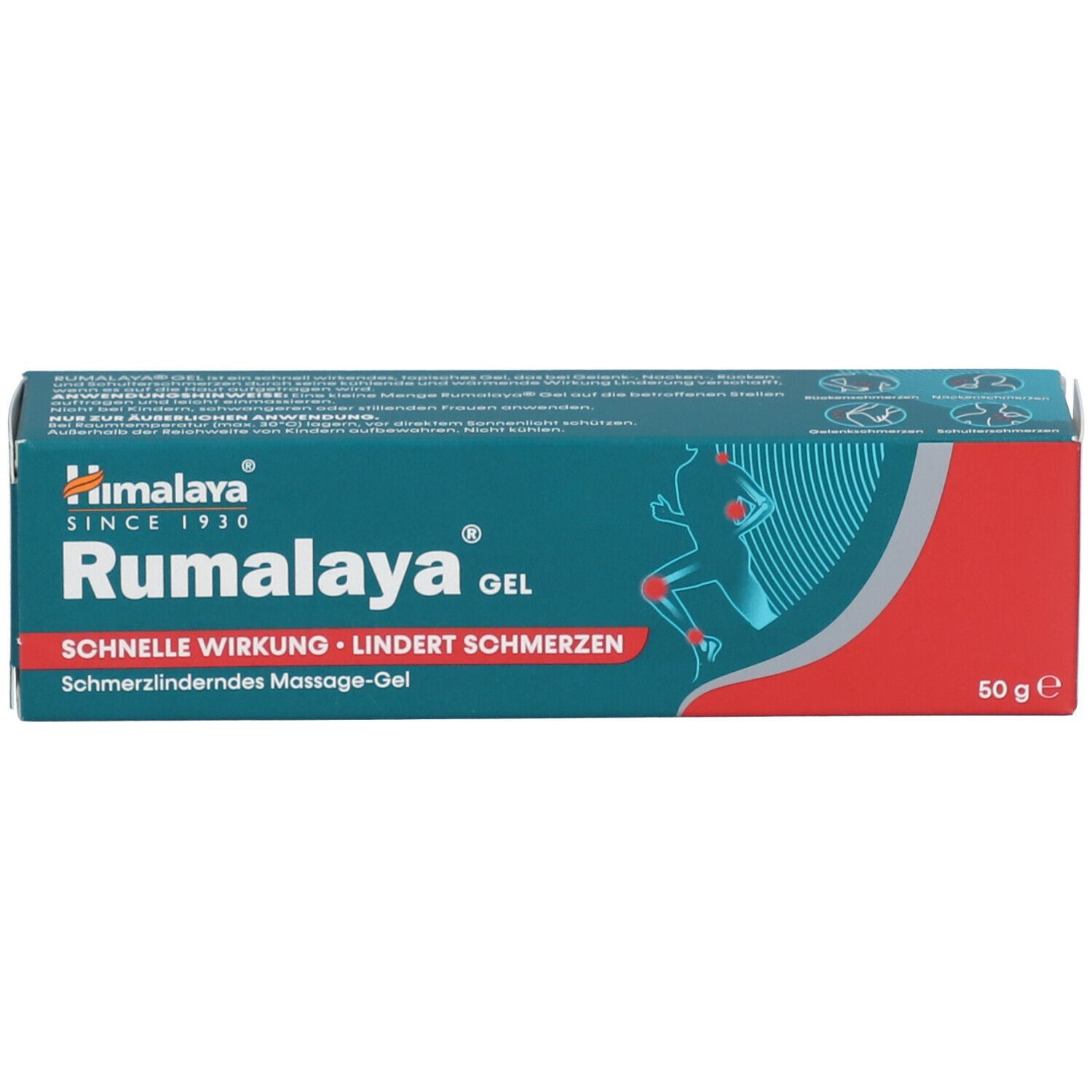 Himalaya Rumalaya Gel Schmerz lindern, 50g. Kartonverpackung mit Abbildung einer schmerzenden Person.