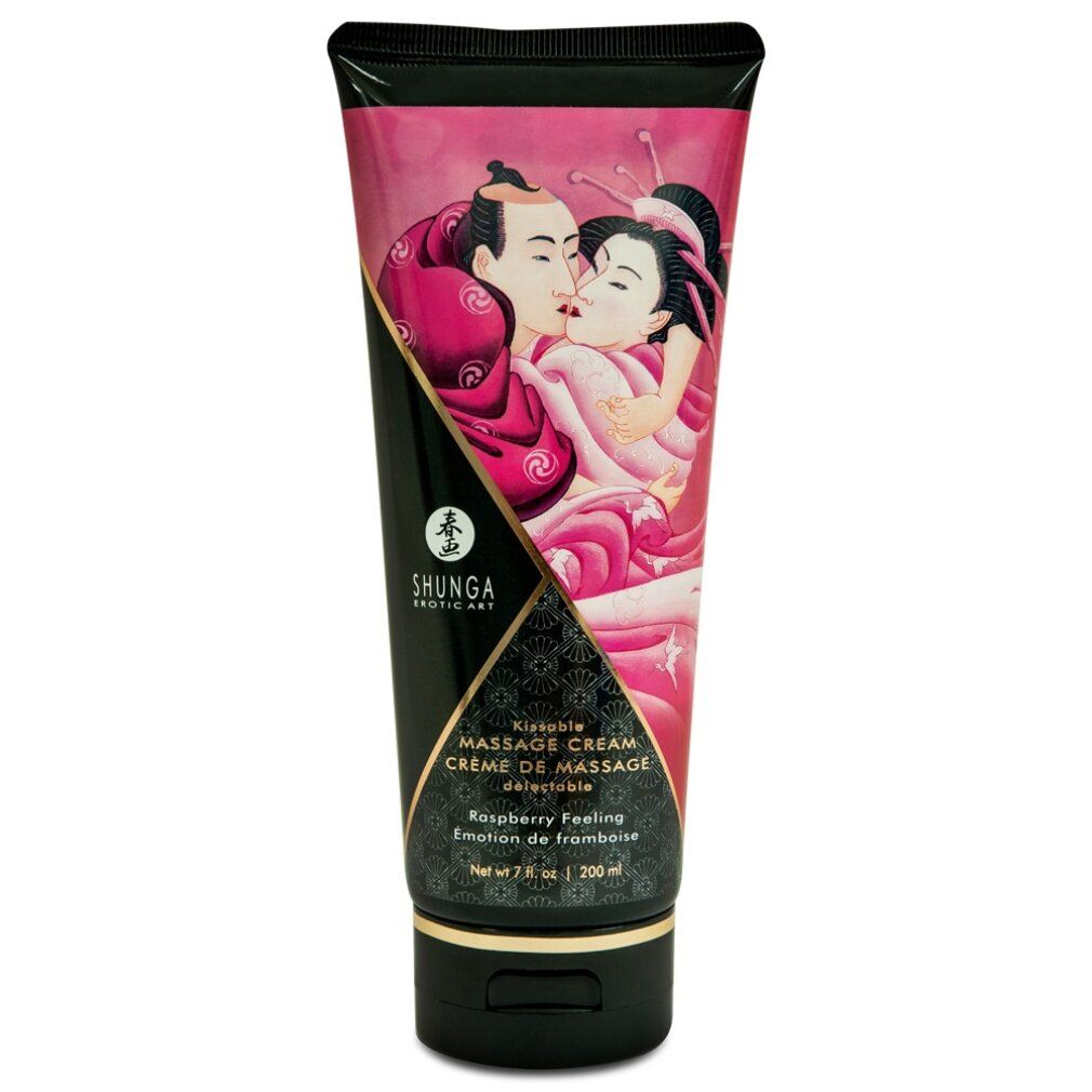 Tube Massagecreme. Aufdruck mit Paar. Text: Kissable Massage Cream, Himbeerduft. Schwarzer Deckel und Boden.