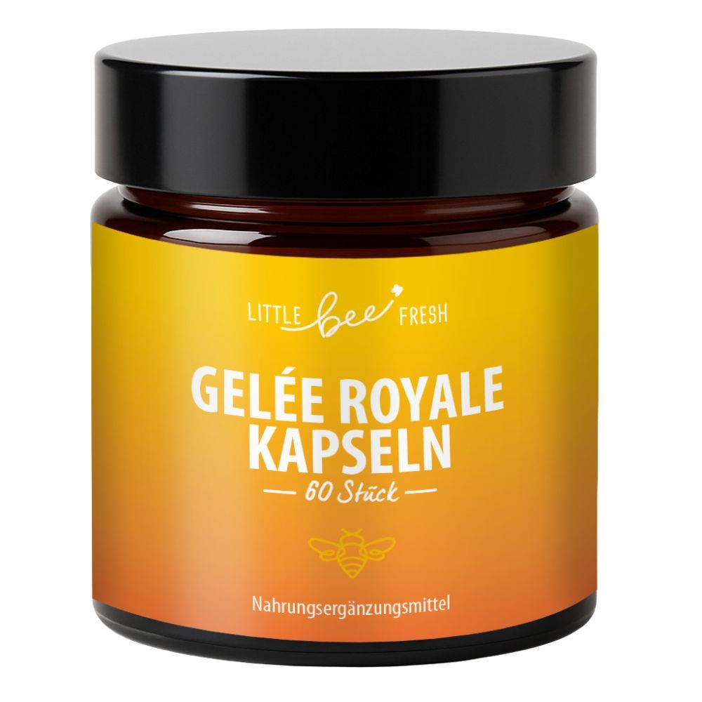 Braune Glasdose mit schwarzem Deckel. Aufschrift: Gelée Royale Kapseln, 60 Stück. Logo: Biene. Nahrungsergänzungsmittel.