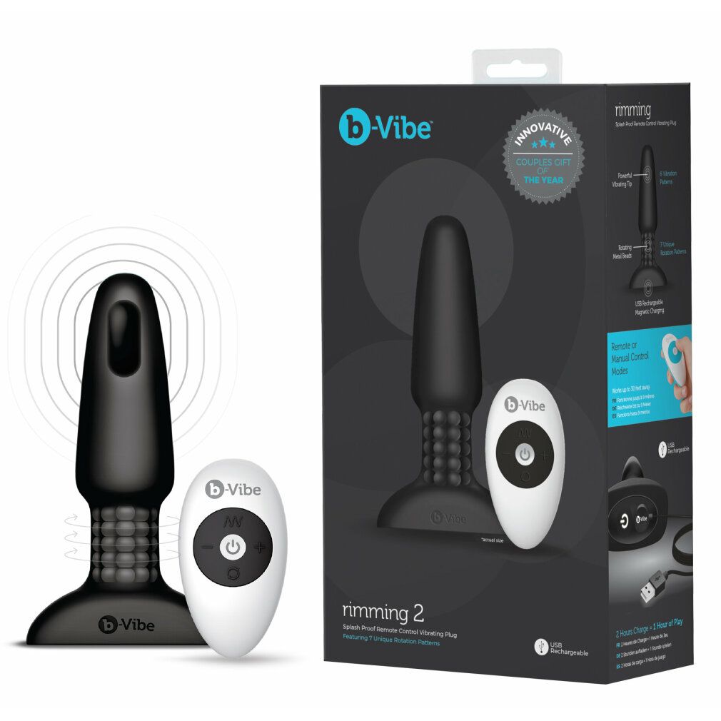 Schwarzer b-Vibe Rim Plug 2 mit Fernbedienung und Verpackung. Produktname und Logo sichtbar. Verpackung mit Text.