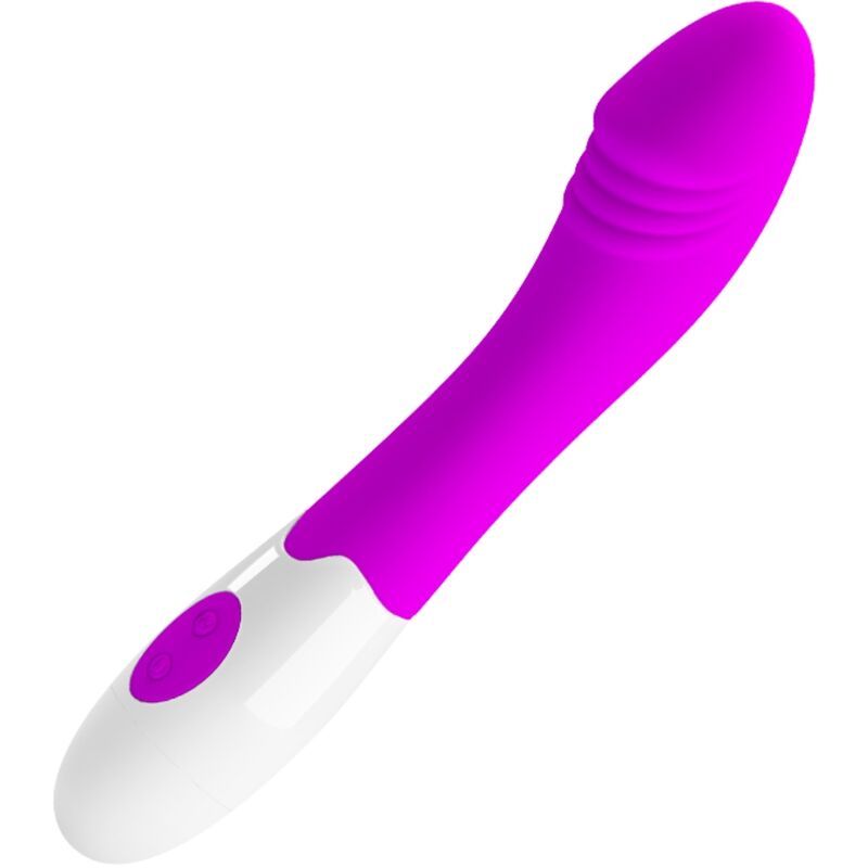 Lila und weißer Vibrator mit gebogener Form und einem Knopf.