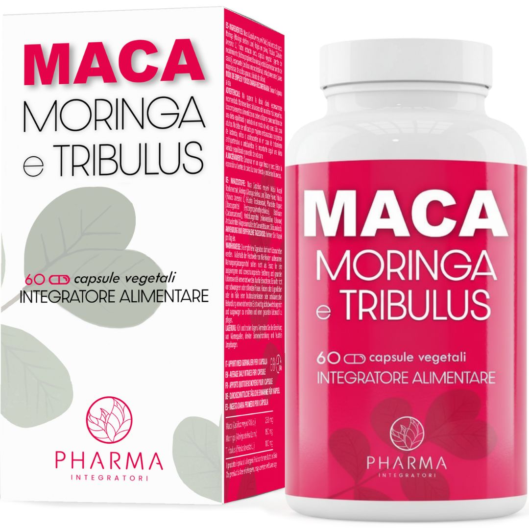 Nahrungsergänzungsmittel in weißer Flasche und Schachtel. Aufschrift: Maca, Moringa, Tribulus. 60 Kapseln. Pharma Integratori Logo.