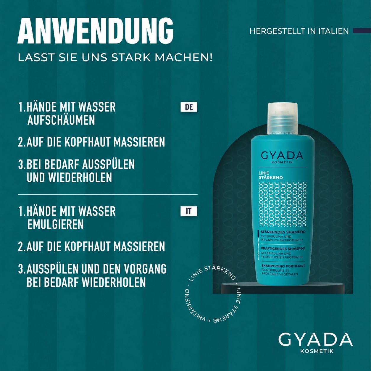 Eine türkise Flasche Gyada Kosmetik Linie Starkend Shampoo steht auf einem dunklen Sockel vor einem türkisfarbenen Hintergrund.