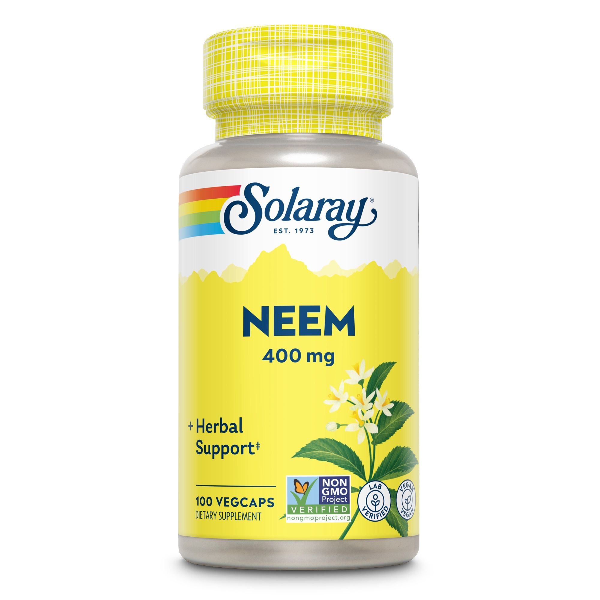 Solaray Neem-Blätter 400 mg Flasche. Gelbe Kapseln, 100 Vegcaps, Herbal Support, Non-GMO Verified, Non-GMO Project.