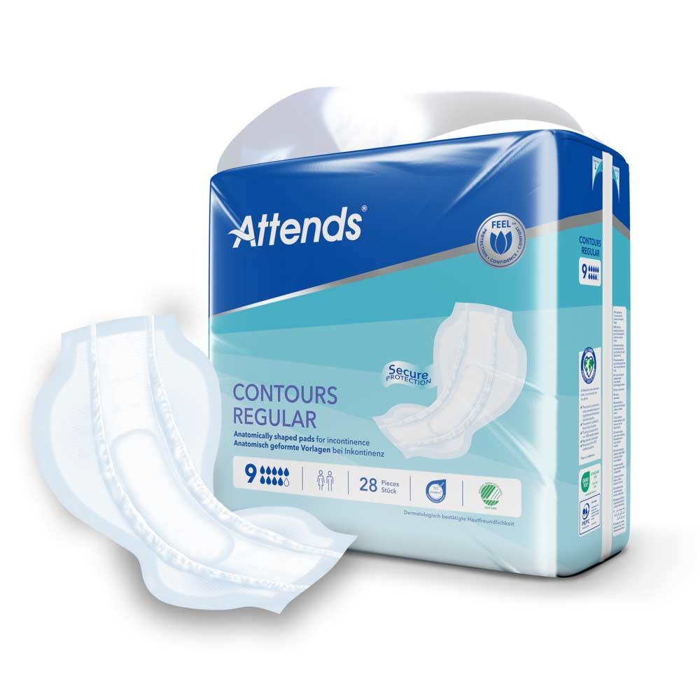 Attends Contours Regular 9. Anatomisch geformte Vorlagen für Inkontinenz. Verpackung und einzelne Vorlage. Logo, Produktname und 28 Stück sichtbar.