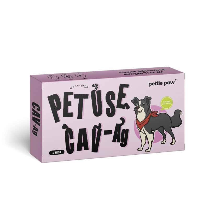 Verpackung eines Hundetests auf Canines Adenovirus (CAV-Ag). Rosa Karton mit Hundemotiv und Produktnamen.