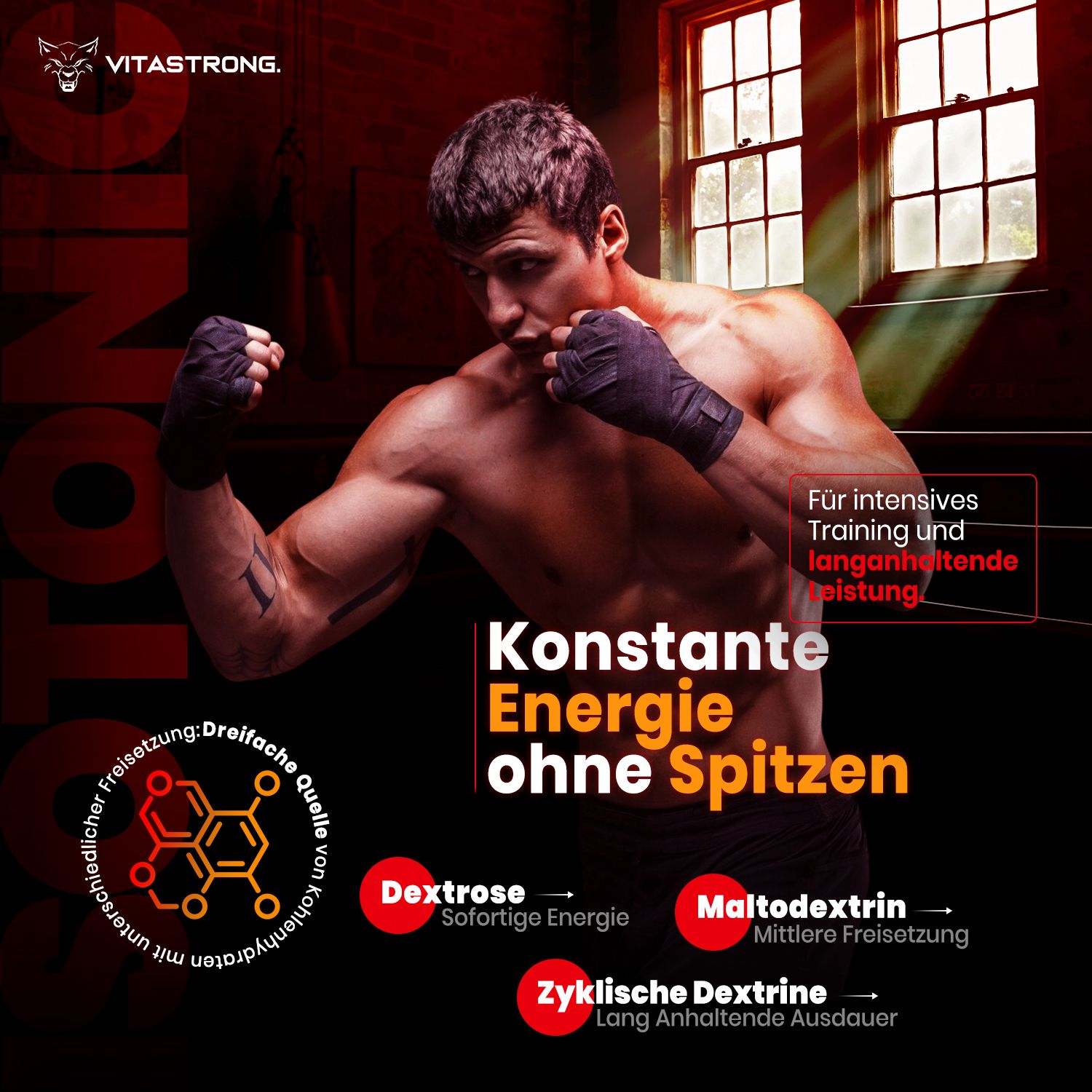 Mann mit Boxhandschuhen. Text: Energie, konstante Energie ohne Spitzen. Dextrose, Maltodextrin, zyklische Dextrine.